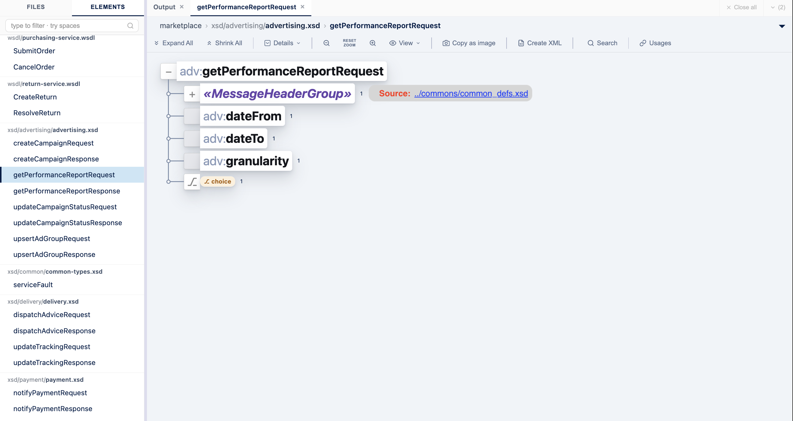 XSDive resolving a multi-file schema into one tree — step 1