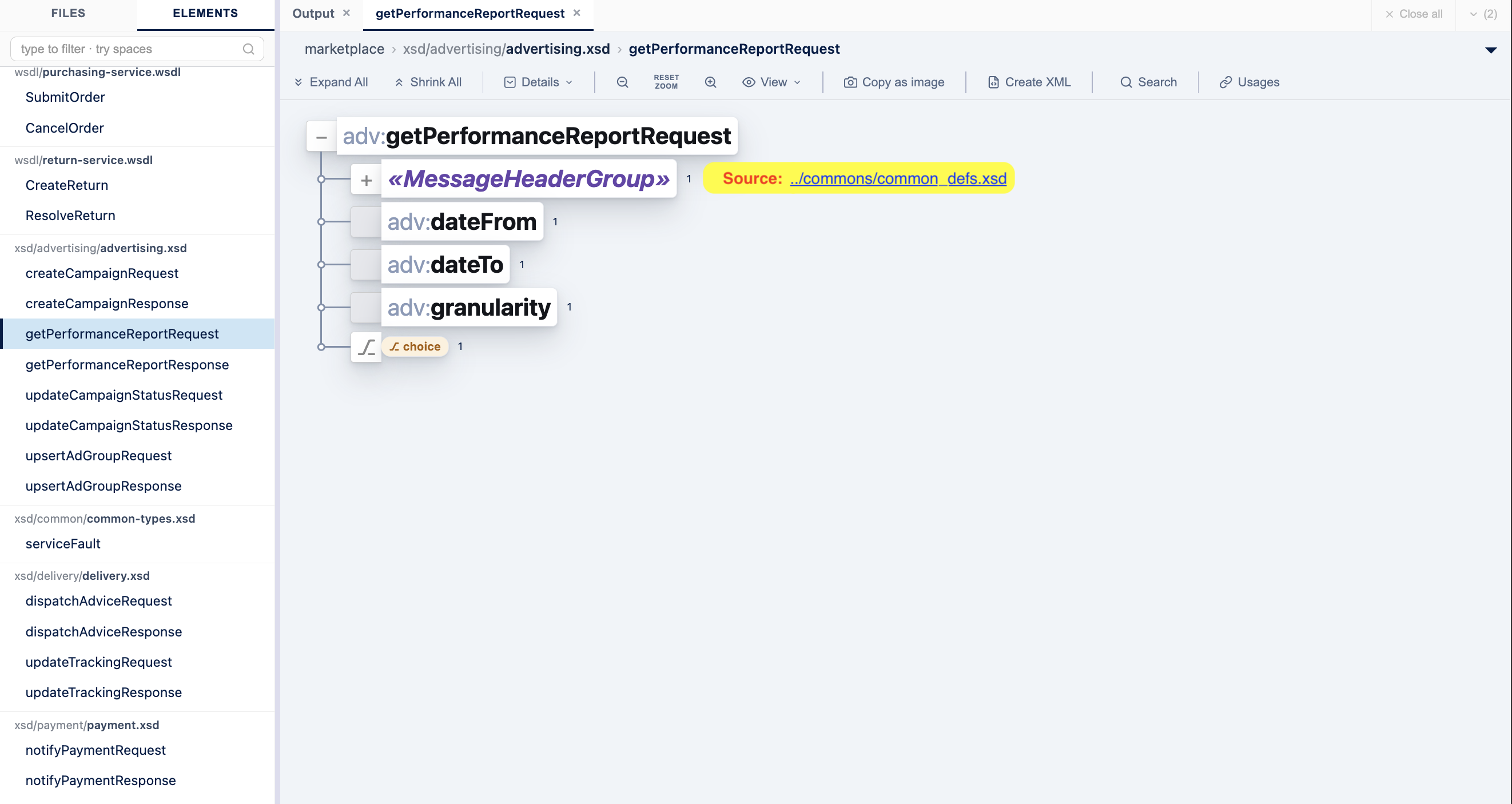 XSDive resolving a multi-file schema into one tree — step 2