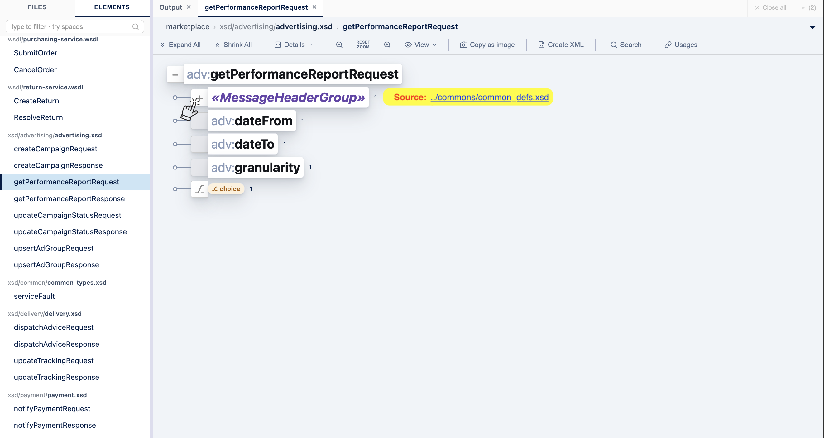 XSDive resolving a multi-file schema into one tree — step 3