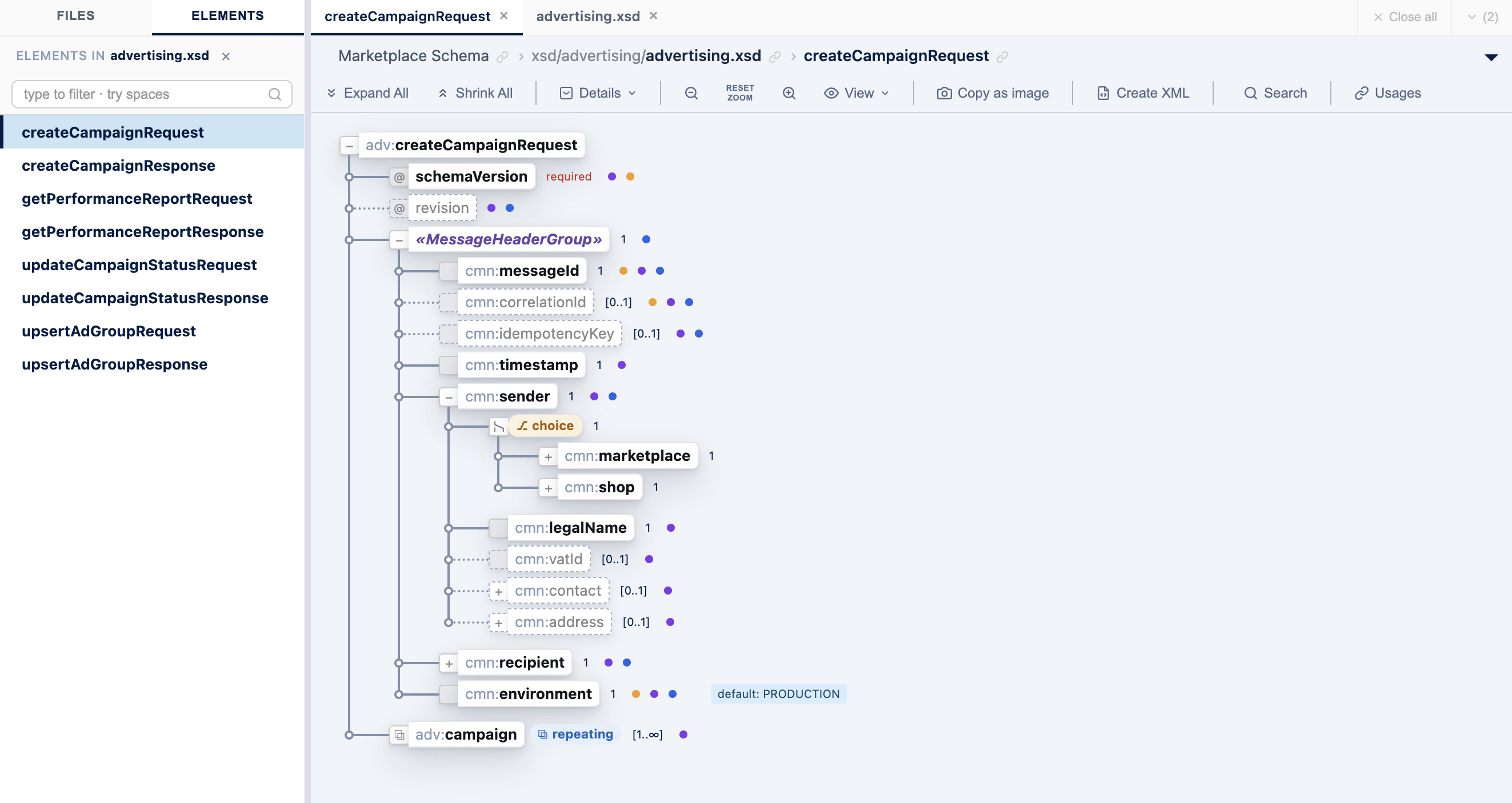 XSDive schema tree fully expanded showing every element and constraint